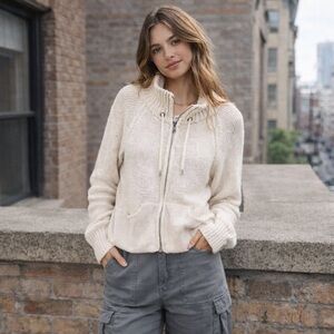 Y2K American Eagle Cream Chunky Knit Zip Sweater Funnel Neck, Vintage Neutral, L